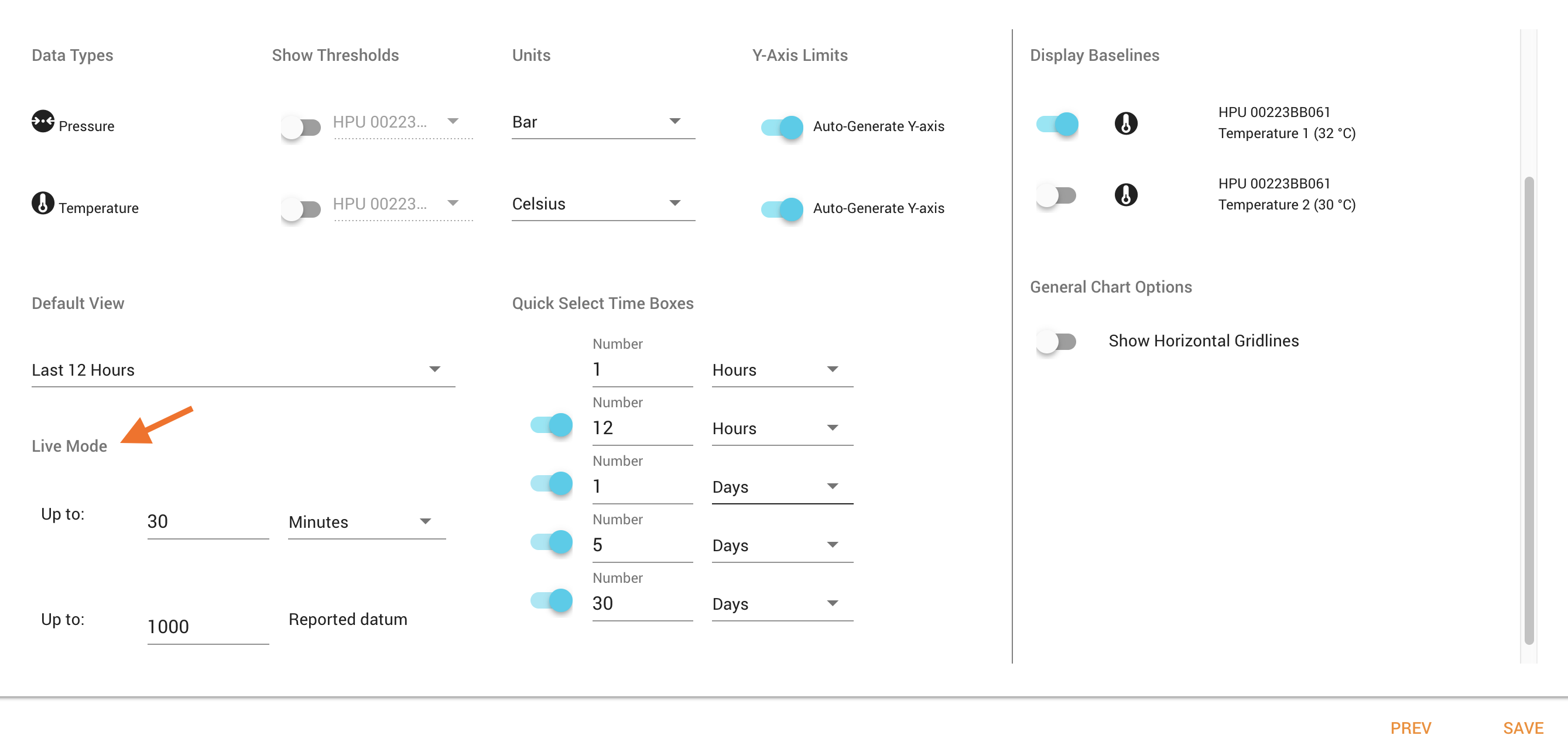 Line Chart Configuration - Live Mode settings
